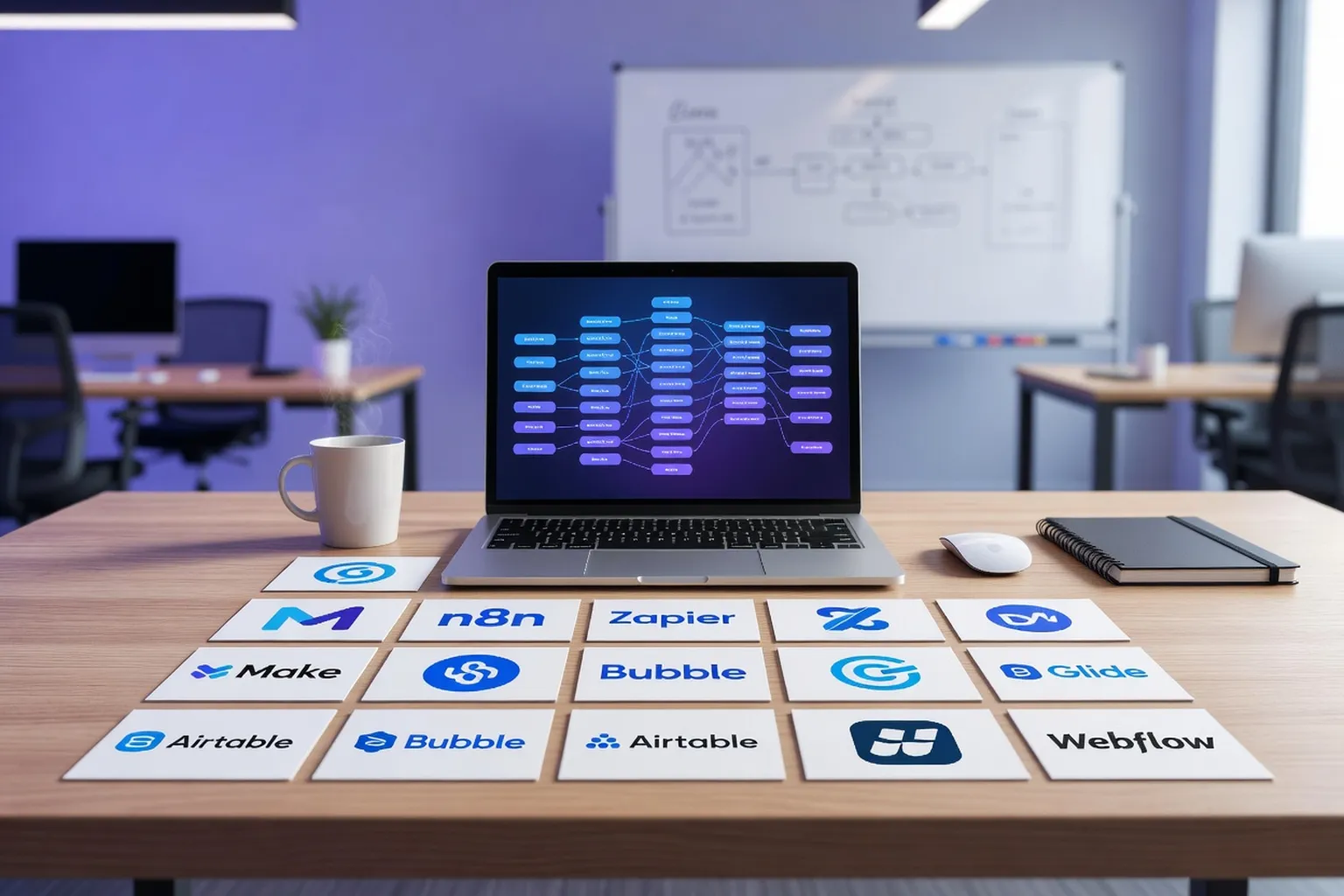 Table de comparaison de 15 logos no-code et low-code disposes sur un bureau organise avec ordinateur portable