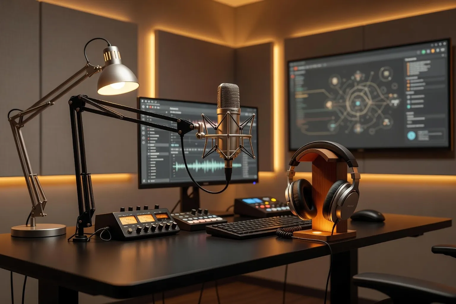 Studio de podcast professionnel avec microphone haute qualité et casque sous éclairage ambré