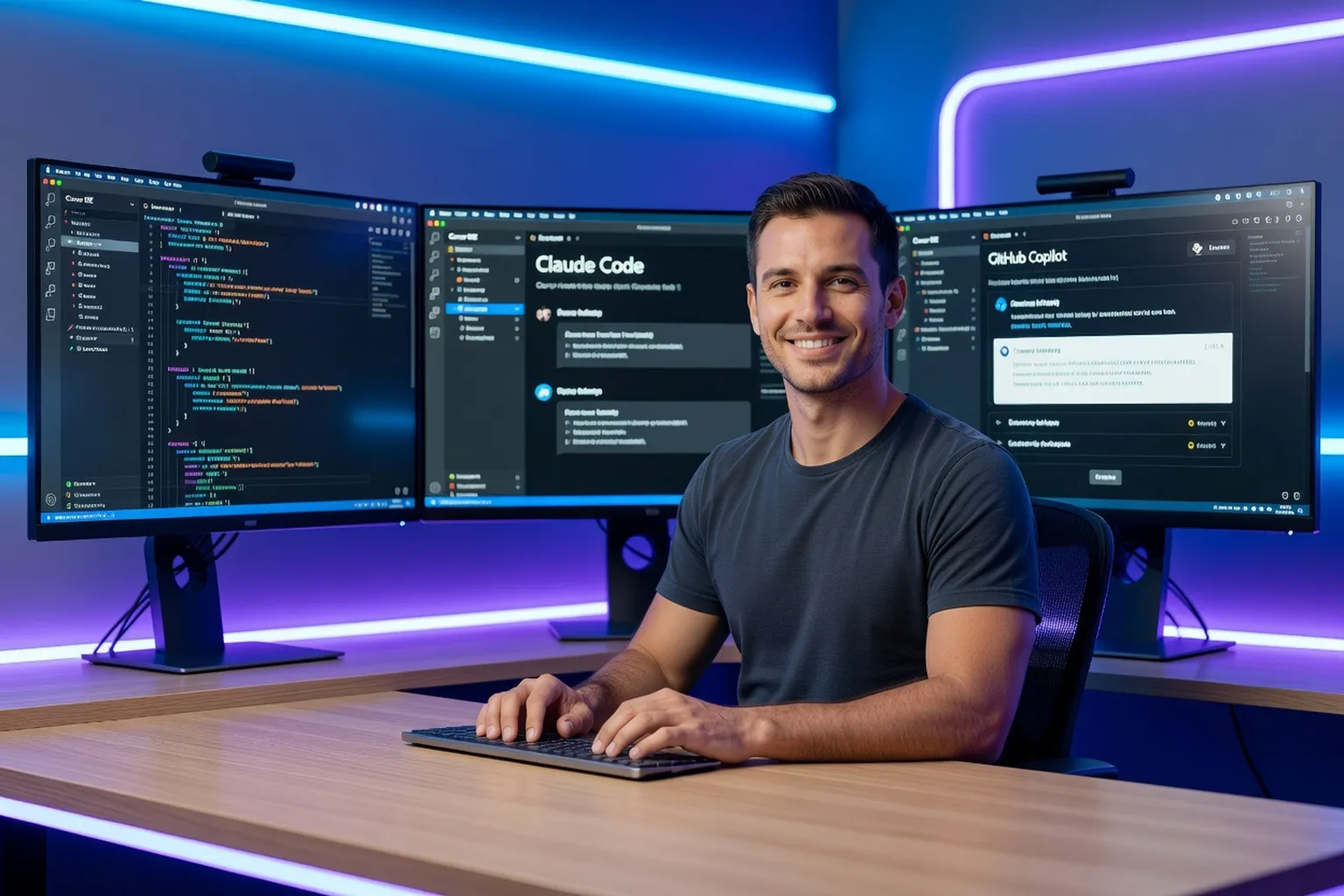Développeur travaillant avec Cursor, Claude Code et GitHub Copilot sur trois écrans en 2026