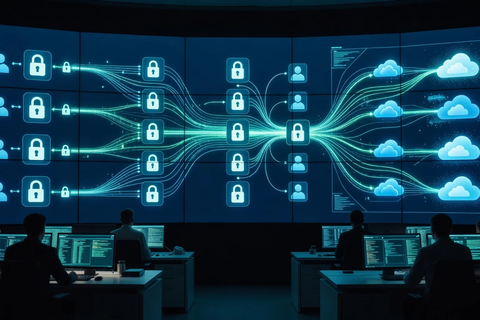 Centre opérations de sécurité avec écrans muraux affichant une architecture zero trust : vérifications d'identité, cadenas et accès individuels aux applications cloud